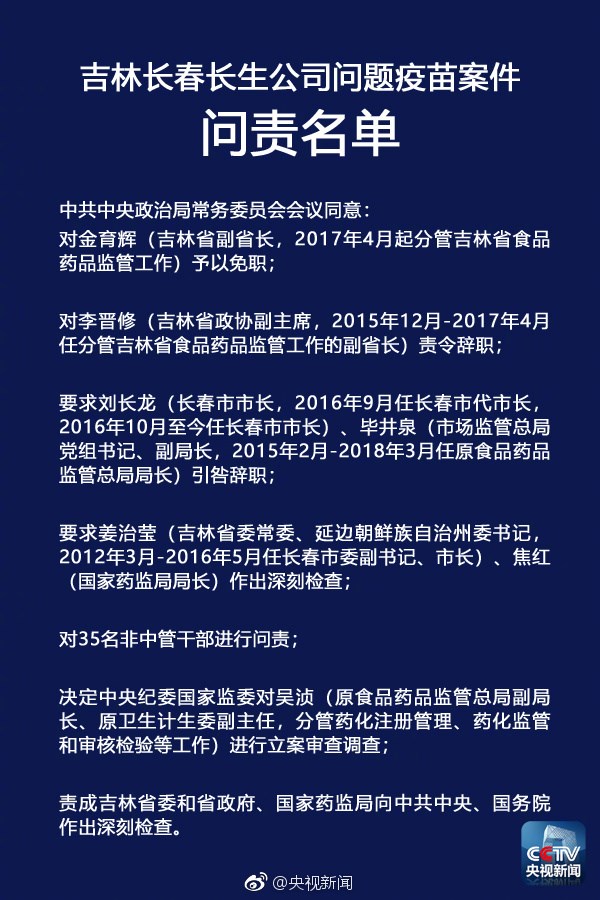 央視：中央政治局聽(tīng)取長(zhǎng)生疫苗門調(diào)查報(bào)告，嚴(yán)肅問(wèn)責(zé)相關(guān)人員